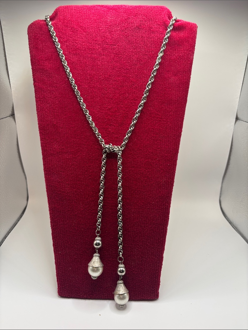 Silver Tone Y Lariat Necklace with Faux Pearl Drops.